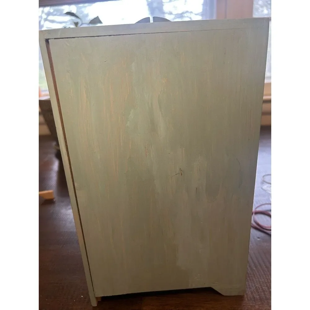 Vintage Hand Painted Wooden Jewelry Box Cabinet Sage Green Tulip Cottagecore
